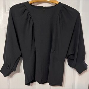 RAIN Black Pleated Shoulder Keyhole Back 3/4 Sleeve Blouse Top Medium